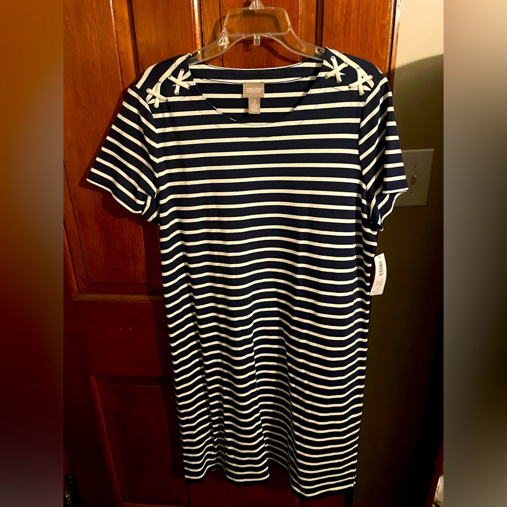 Chico’s NWT Navy/White Striped Jersey Knit Dress, Size 2